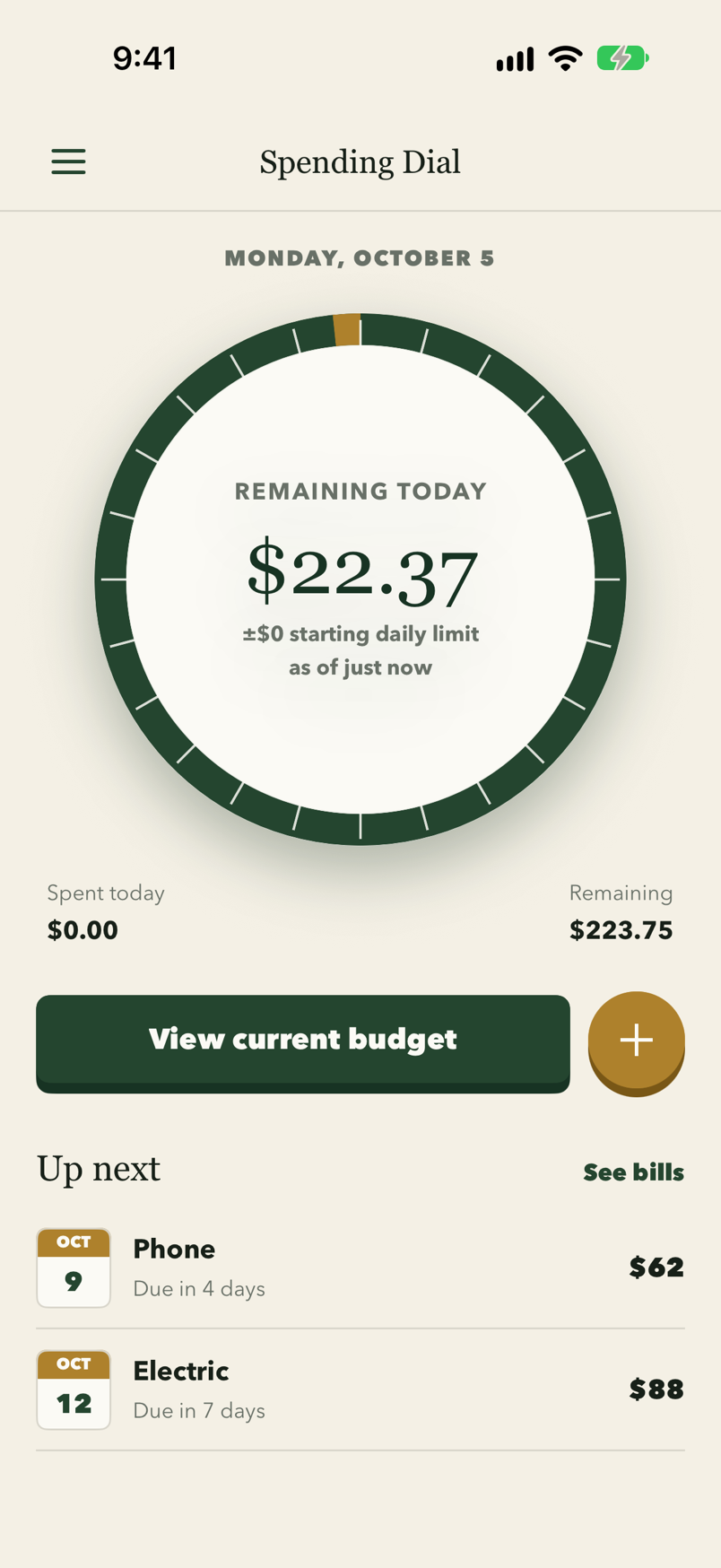The Budgetpoint iPhone app on its Spending Dial screen: a large ring with a dollar amount in the middle, the date above it, the amount spent today and the amount remaining beneath it, and a round button for adding a purchase.