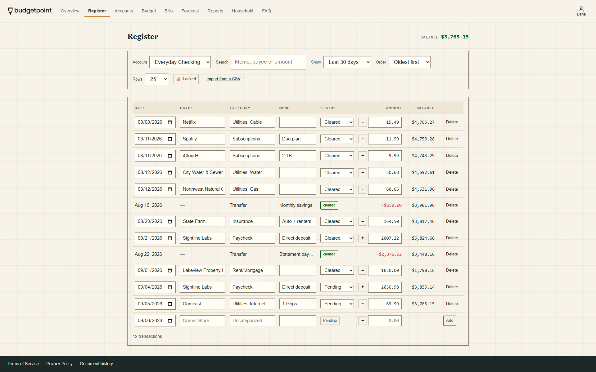 The Budgetpoint transaction register for a checking account: dated rows with payee, category, memo, amount and status, and a running balance column down the right.